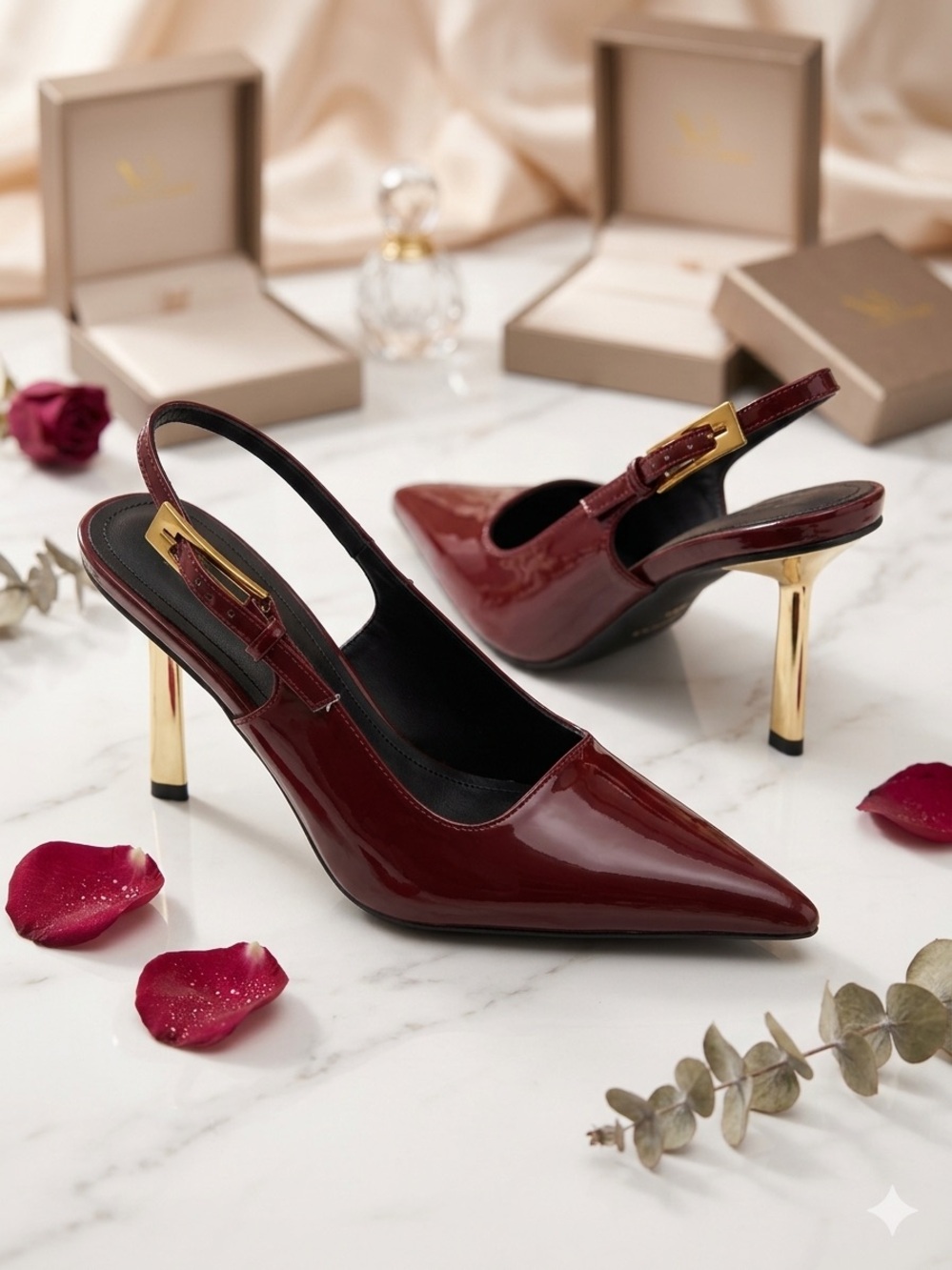 Women's Vertundy Burgundy Patent Slingback Pumps with Gold Heel